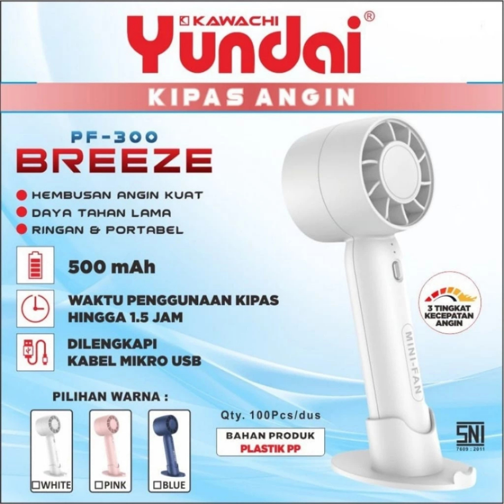 Kipas Angin Mini Portable KAWACHI Yundai PF-300 Breeze – Rechargeable 500mAh, 3 Kecepatan, USB Charg