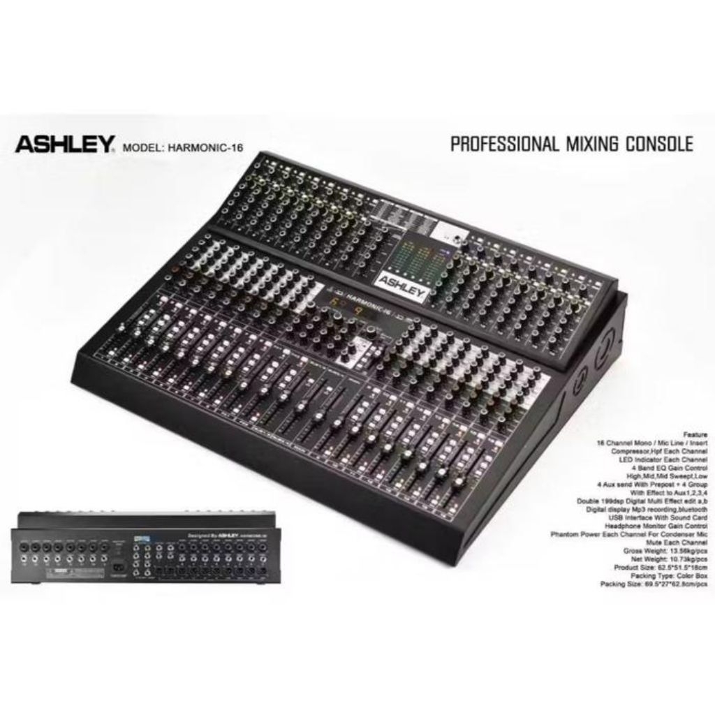 Mixer Audio ASHLEY HARMONIC 16 Double Efek 199dsp Original 16 Chennel Profesional Mixer audio Led Mo
