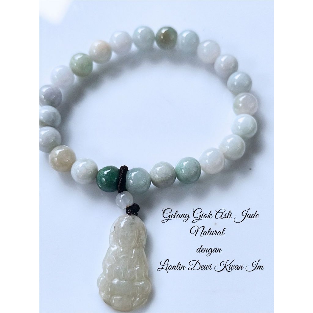 Gelang Giok Asli Jade Type A Natural dengan Liontin Dewi Kwan Im – Perhiasan Elegan & Koleksi