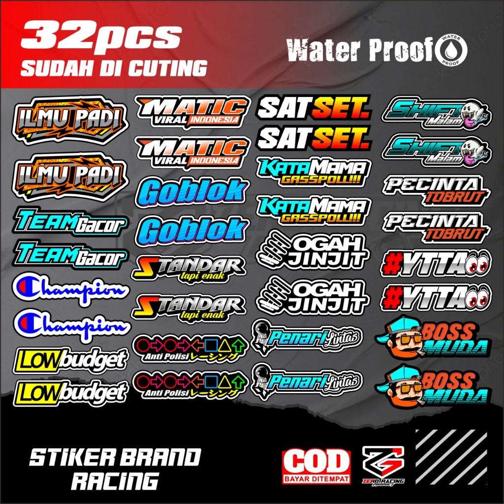 

Stiker paket 32 pcs paket stiker brand racing stiker tempel anti air