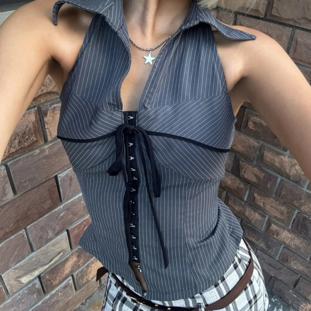 (PO 2 MINGGU) Wendy’s Striped Halter Tank - Tank Top Wanita - Striped Halter Neck Top Wanita - Halte