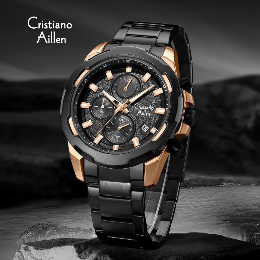 JAM TANGAN PRIA CRISTIANO AILLEN CA 8894 RANTAI STAINLESS STEEL CRONOGRAF WATER RESISTANT 3ATM