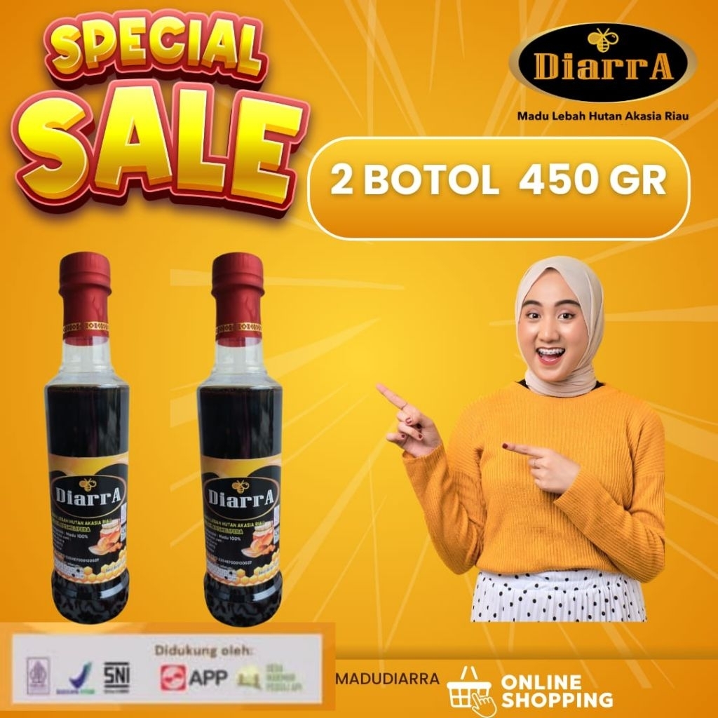

Madu DiarrA Paket Hemat 2 x 450 gr,Madu asli-madu-Rawhoney-tanpaproses-tanpapengolahan-Sertifikasi-BPOM-Halal-Ujilab-SIG-Bogor