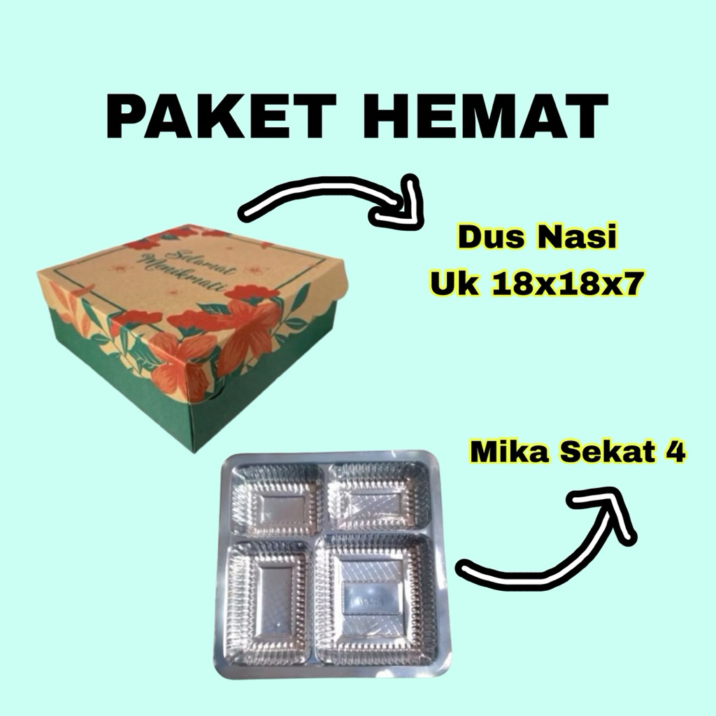 

100 Pcs Paket Hemat Dus Nasi/Kue Dan Mika Sekat 4 || Kardus Nasi || Mika Makanan ||