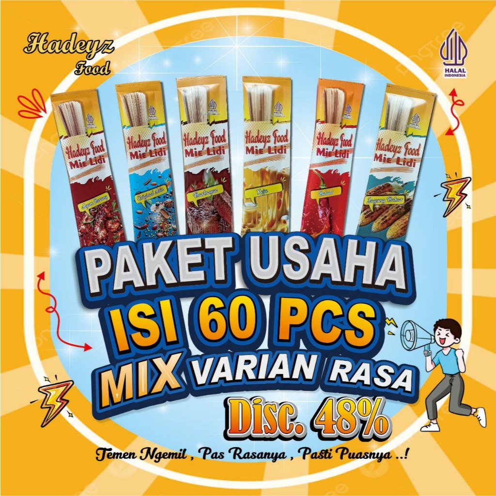 

Paket Usaha isi 60 bungkus (Pcs) Mie Lidi karakter Viral Rasa Campur Snack Mie Instan Cemilan Makanan Ringan Makanan Jadul