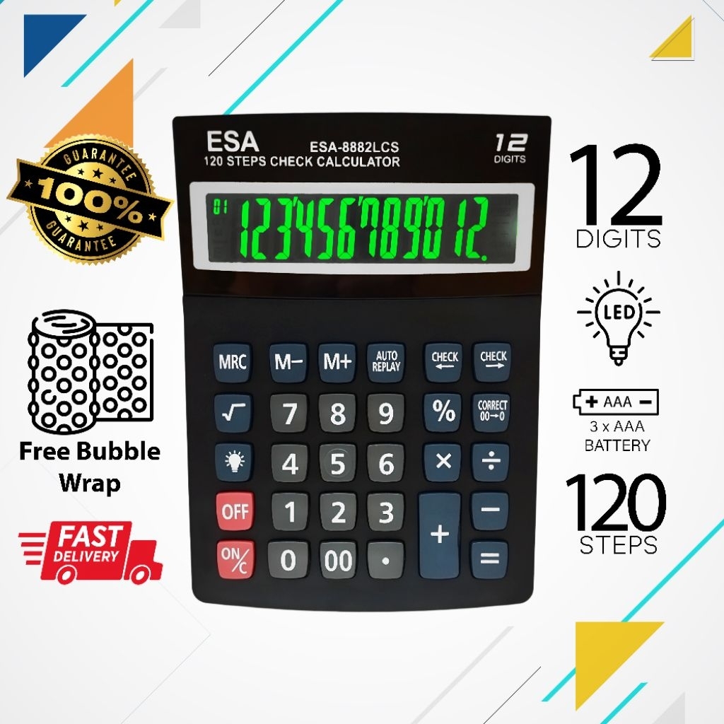 

Calculator LED Esa 8882 LCS Kalkulator LED 120 Steps Check Correct Bisnis Dagang