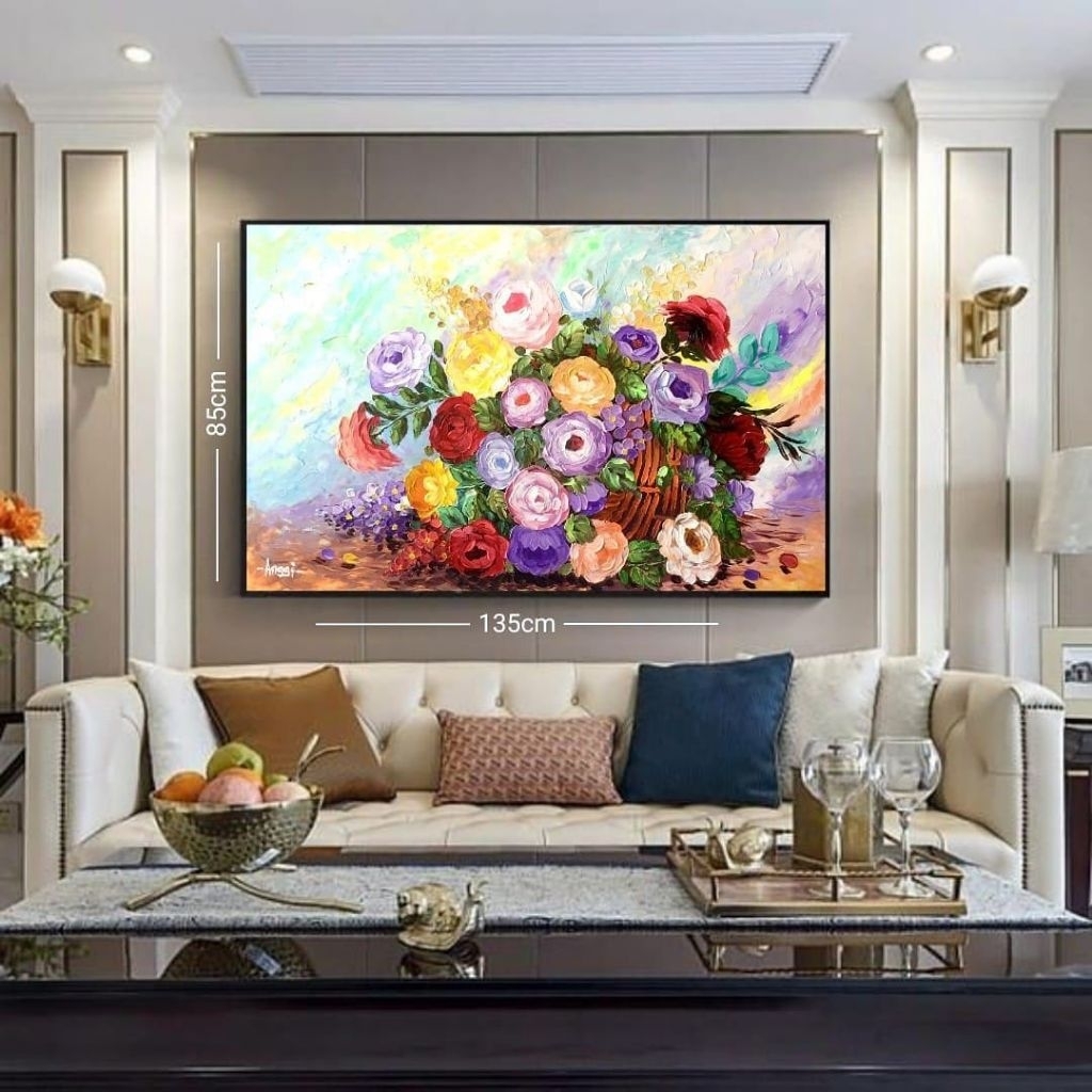 Lukisan bunga palet dengan ukuran 150cm×80cm .135cm×85cm..cat acrylil.media canvas.fram bawaan stand