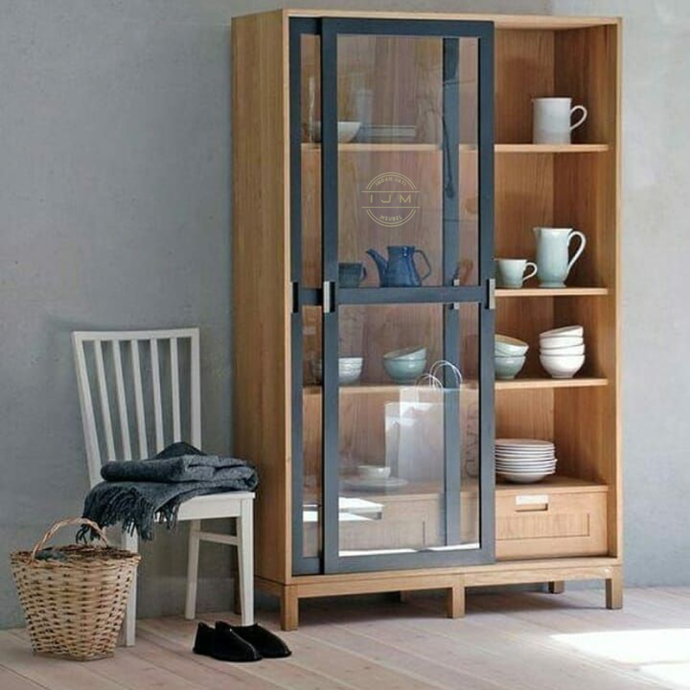 Lemari Dapur Lemari Hias Penyimpanan Serbaguna Jati Solid 2 Pintu Sliding Kaca