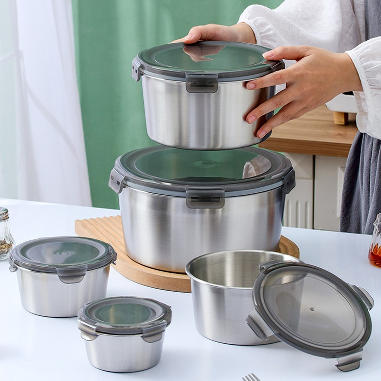 Toples Bulat Sus304 Model Tupperware Stainless dengan Penutup Klip Seal Anti Tumpah