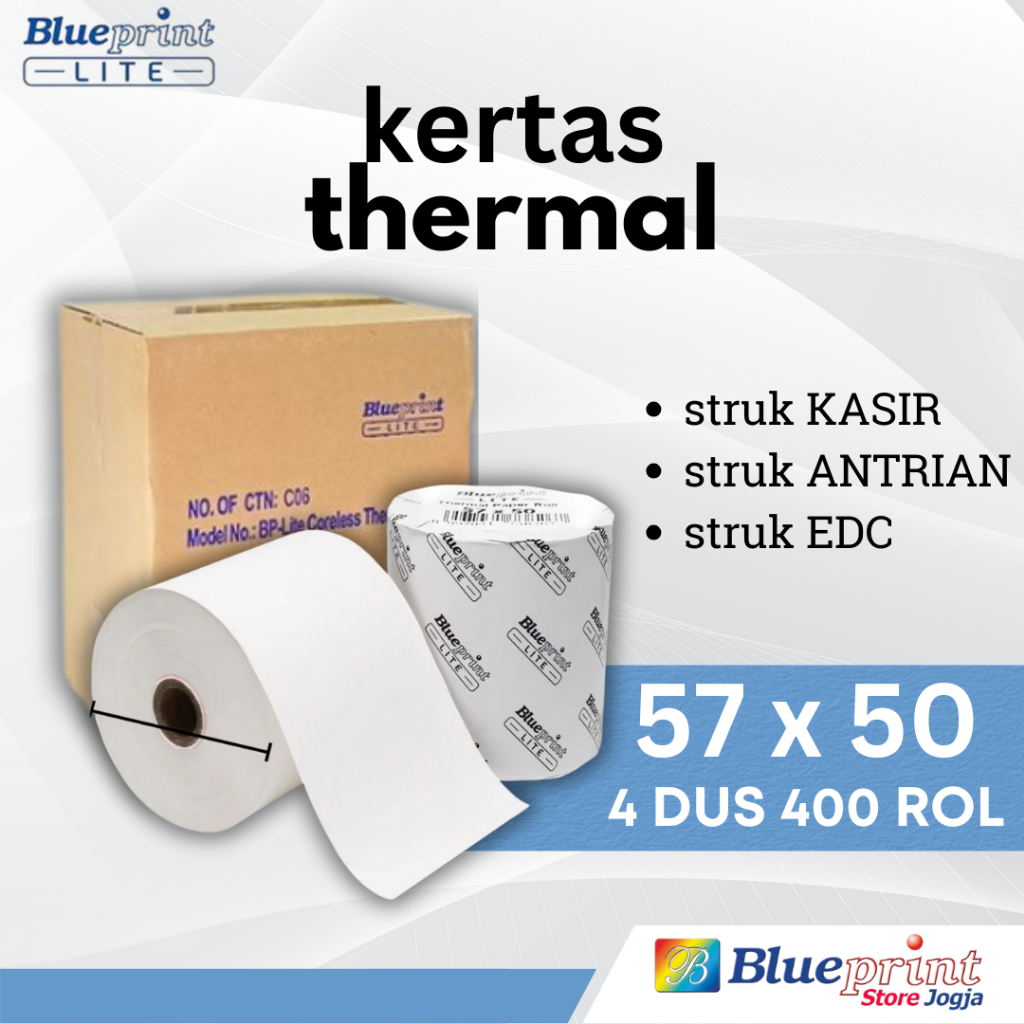 

4 DUS 100rol LITE 57x50 BLUEPRINT Kertas Thermal PPOB EDC Antrian Parkir Struk KASIR 58x50