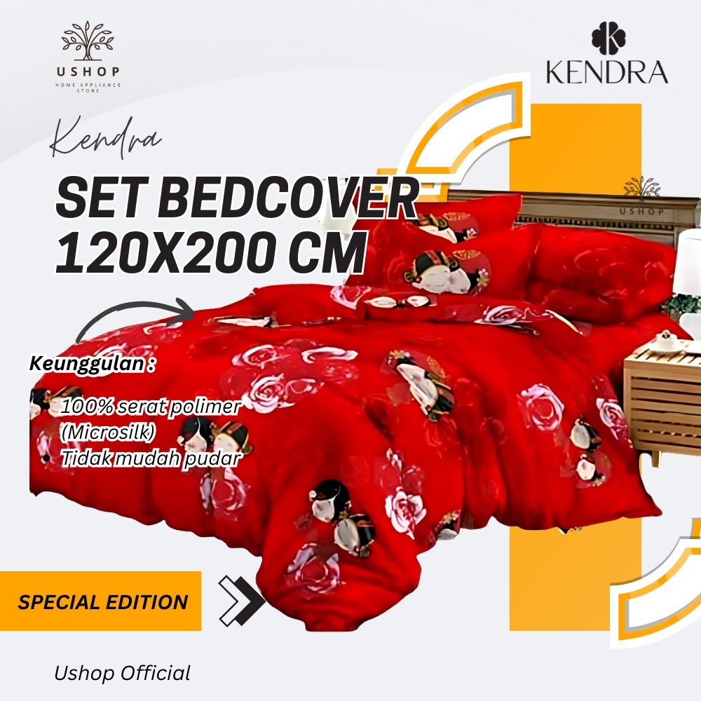 KENDRA Set Bedcover + Sprei 120x200 Tinggi 20 Cm - Single Size Bahan Adem Tidak Luntur USHOP