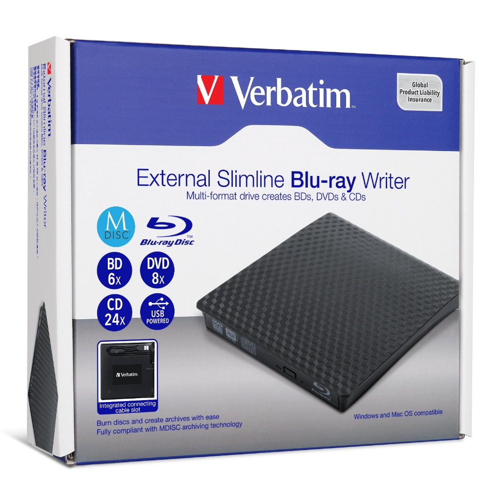 Verbatim External Slimline Mobile Blu-ray Writer USB 3.2 Gen 1 Support BD-DL 50 GB, BD-RE 25 GB, BD-