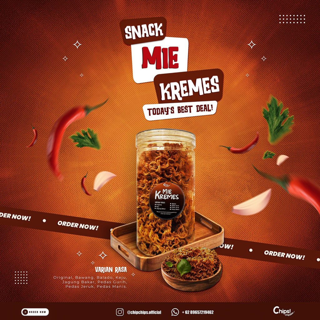 

Mie Kremes Pedas Gurih / Pedas Daun Jeruk / Balado / Asin 250gr