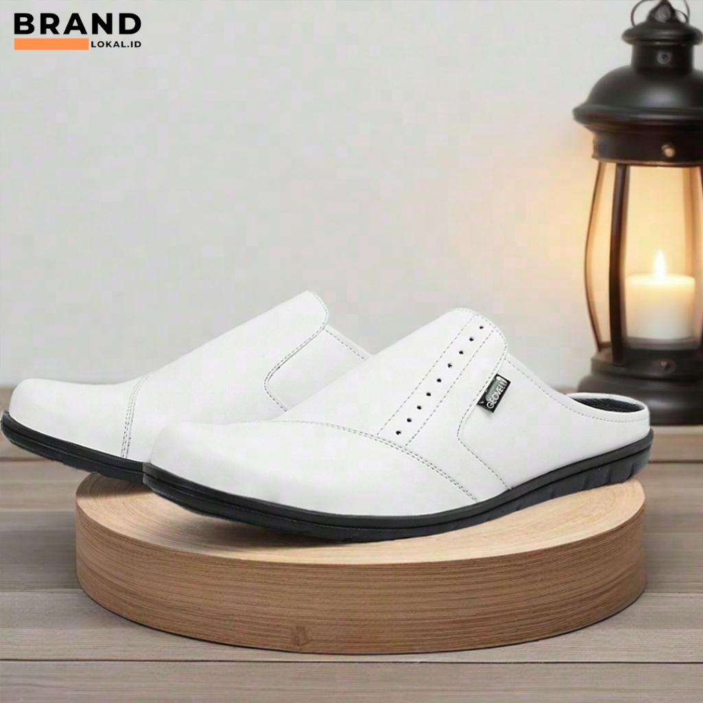 Sepatu Bustong Pria FULL WHITE Sendal Tutong Umroh Haji Model Kekinian High Quality Brand Geovelli