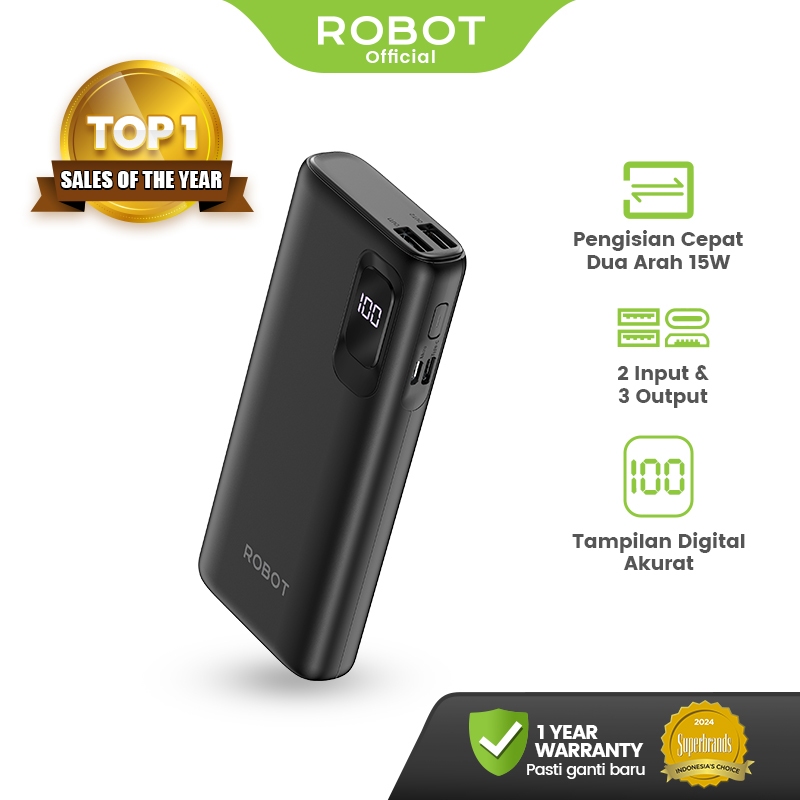 ROBOT Powerbank Fast Charging 10000mAh 15W with LED Display Type Input 3 Output Power bank RT102 Ori