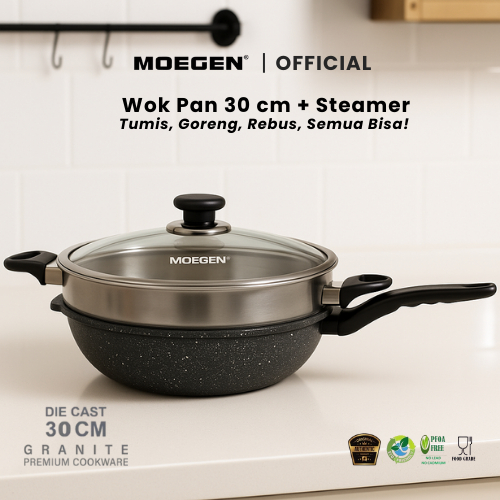 MOEGEN Color Wok Pan 30cm With Steamer Granite Coating Anti Lengket Panci Dan Kukusan / Dandang