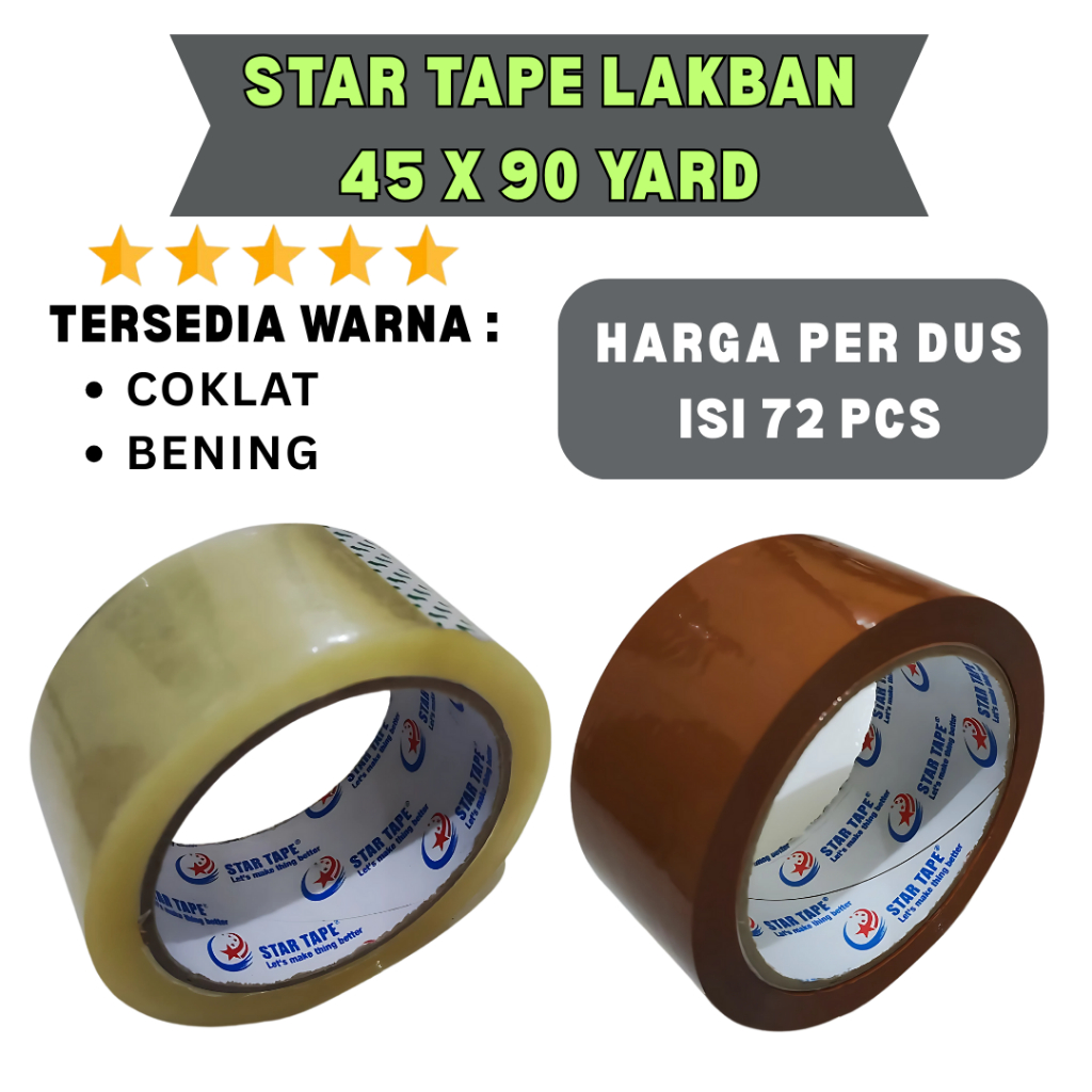 

Star Tape Lakban 45 x 90 Yard Bening/Coklat Per Dus (isi 72Pcs) | Perekat Kuat Packing Kardus