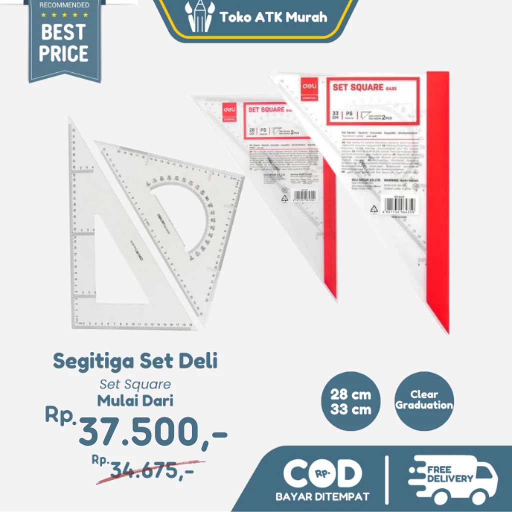 

Penggaris Segitiga Sepasang Deli Set Square Besar 33 cm E6435 ( No.12 ) / Sedang 28cm E6430 ( No.10)