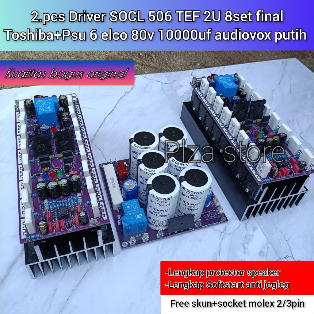 2.pcs Driver power Socl 506 tef 2u 20 8set final Toshiba+Psu 6 elco 80v 10000uf Audiovox putih origi