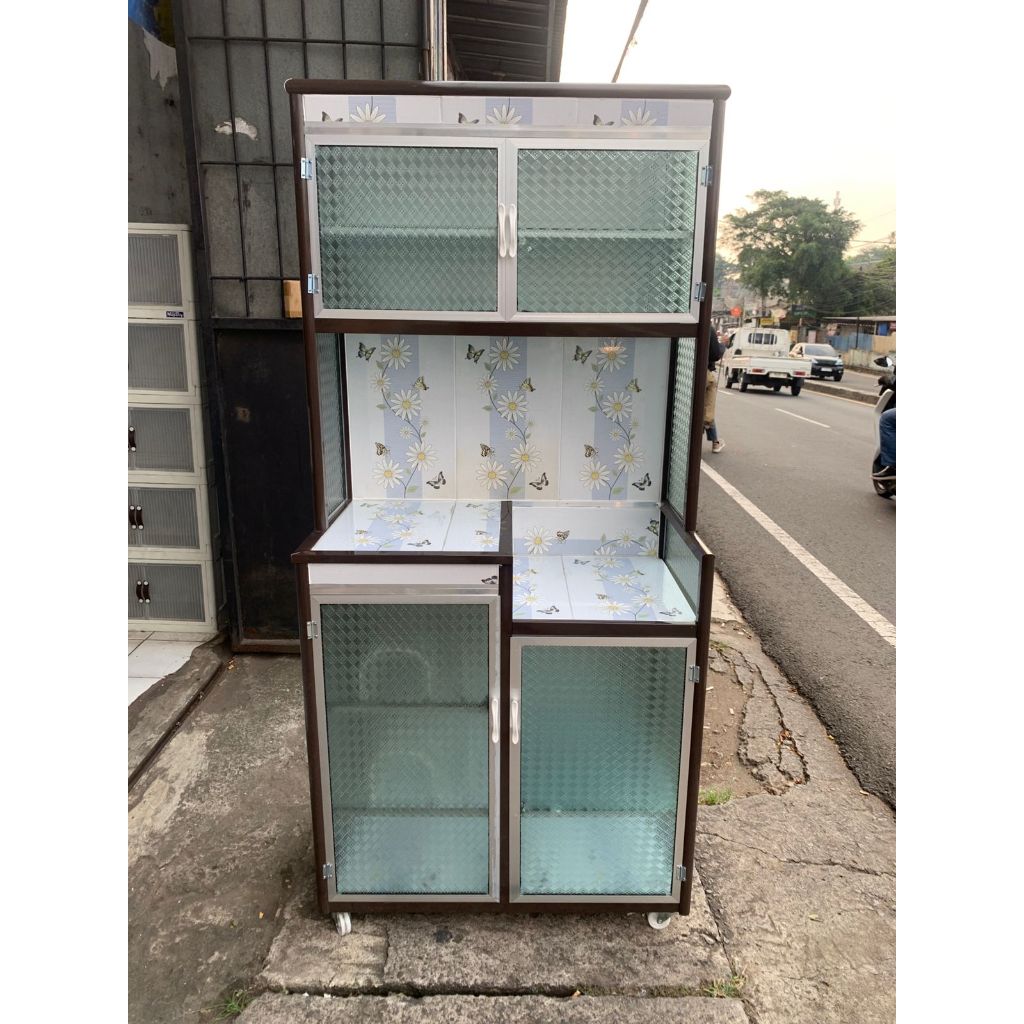 Rak Piring Aluminium 2 Pintu Rangka Tebal + Roda