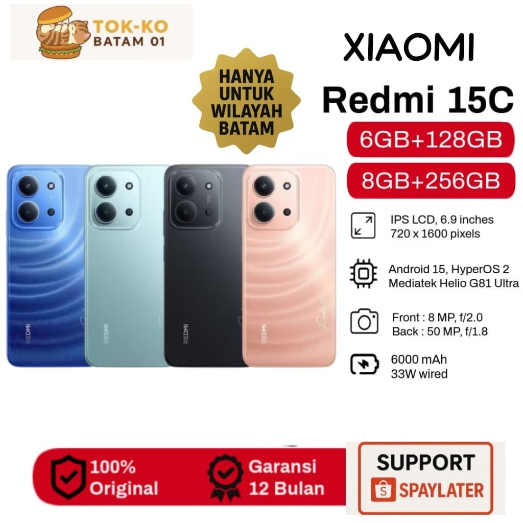 XIAOMI REDMI 15C 6/128 & 8/256 GB ANDROID 15 HYPER OS 6000 mAh 33W GARANSI - BATAM