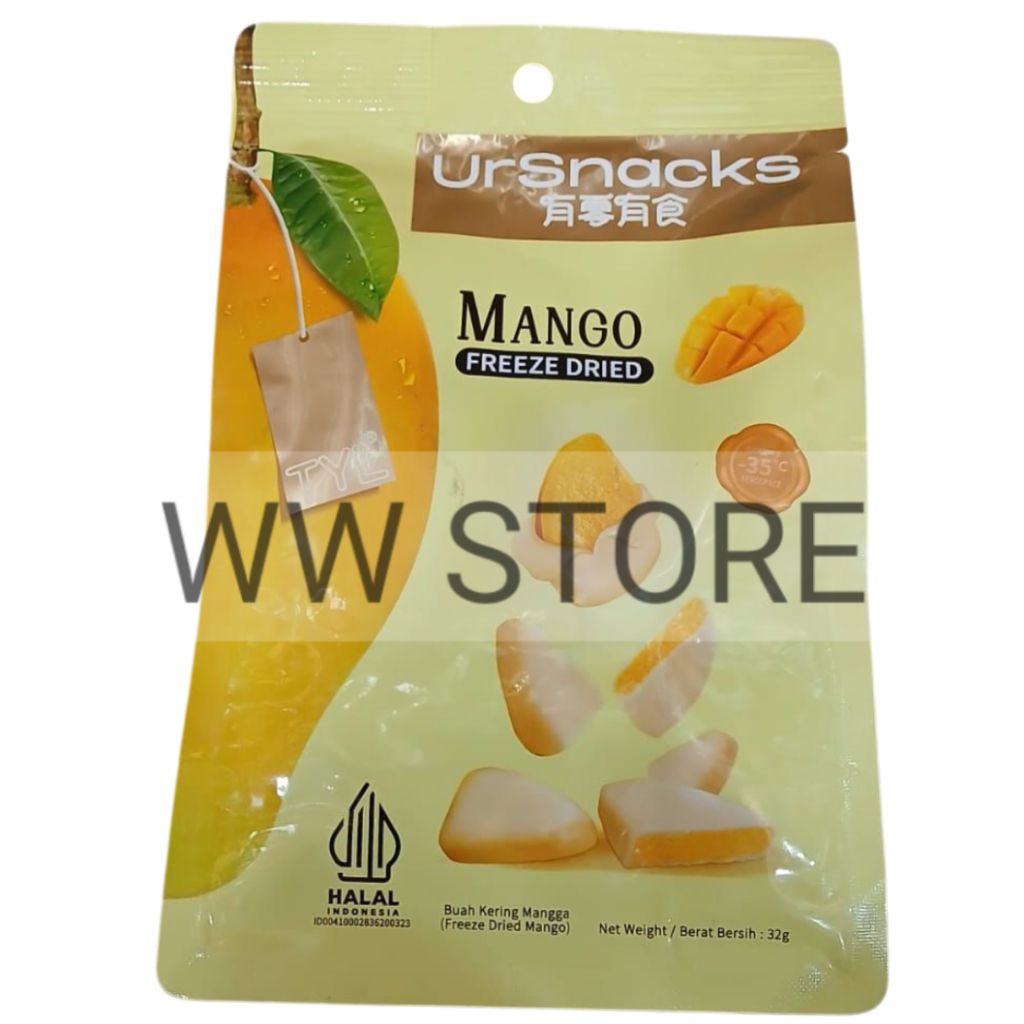 

Cemilan snek makanan ringan buah kering mangga halal MUI TYL UrSnacks MANGO FREEZE DRIED 32g