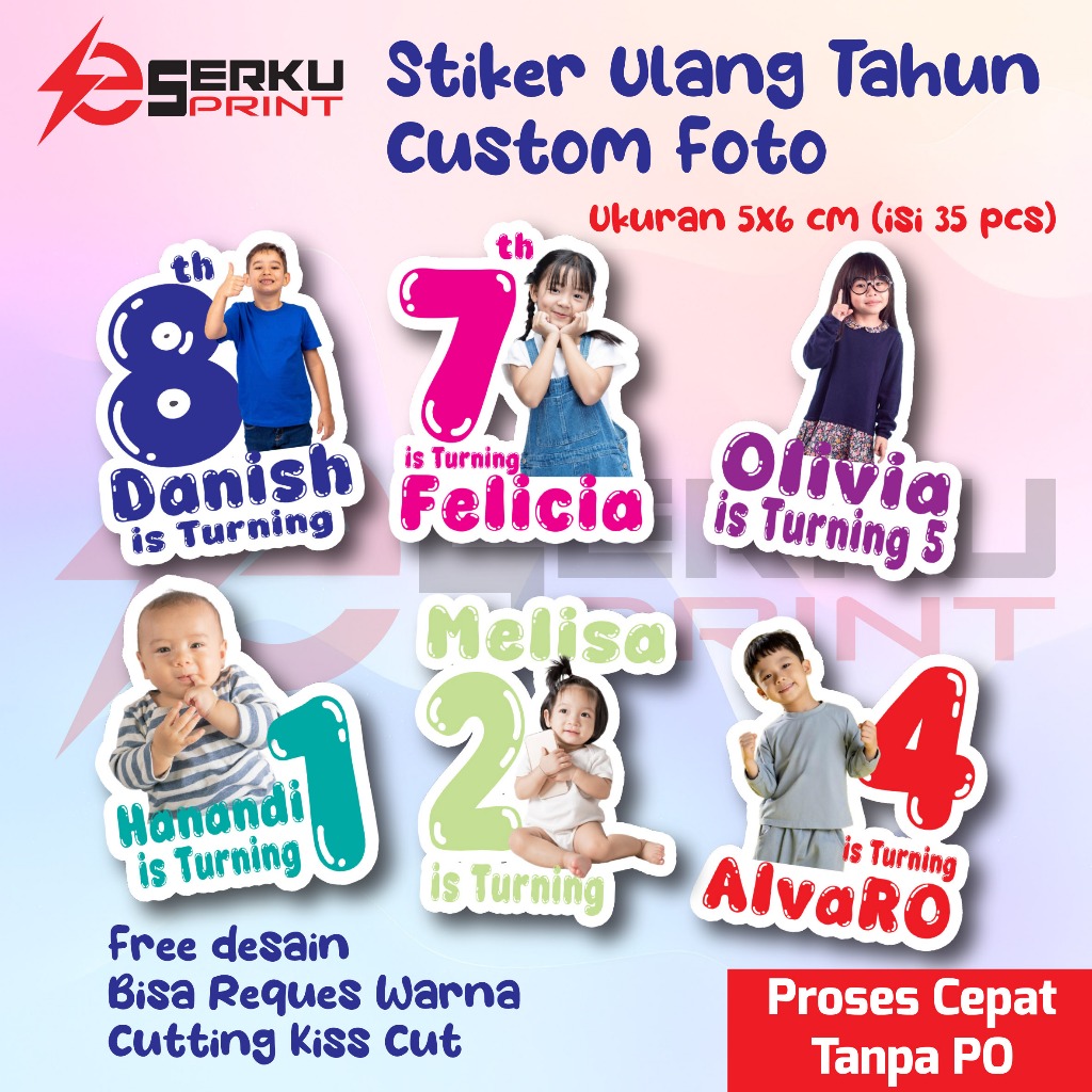

( isi 35 PCS ) Stiker Ulang Tahun Anak TEMA FOTO CUSTOM / Stiker Ulang Tahun Kiss CUT / Stiker Ulang Tahun Custom / Stiker Ultah Proses Cepat Tanpa PO