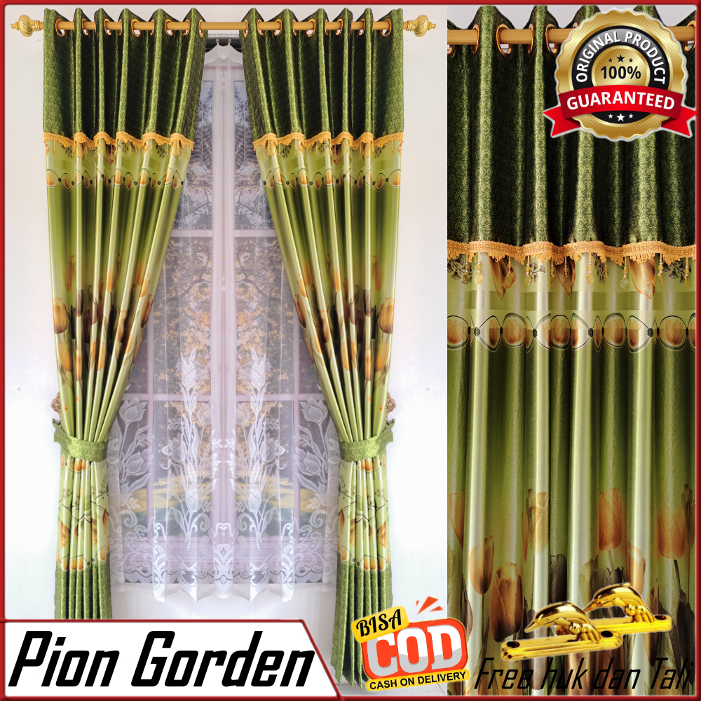 Gorden pintu kamar poni tempel kain blackout import tebal motif bunga tulip abu mewah model smokring