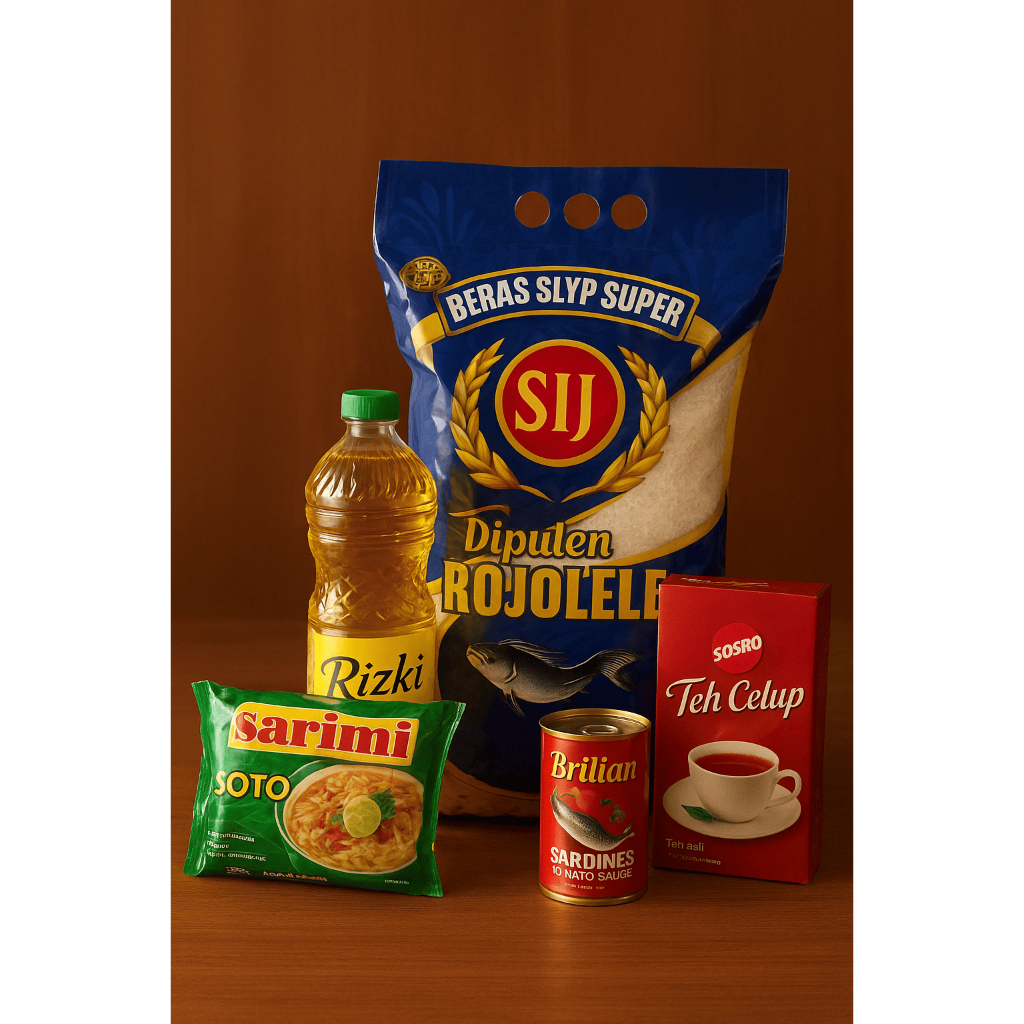 

Paket Sembako Murah, Beras rojo lele, teh sosro celup, sarden brilian, minyak rizki, mie sarimi soto