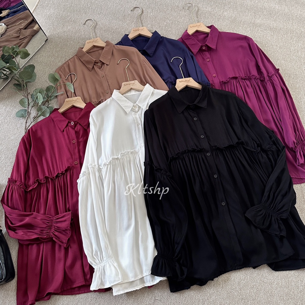 Klatenolshop - Cella Blouse Atasan Wanita Rayon Twill Rempel Lengan Panjang Baju Kerja Wanita Formal