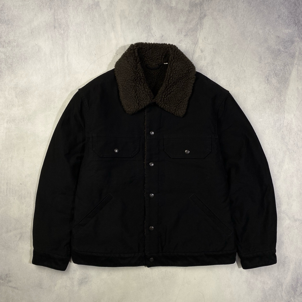 Uniqlo U Canvas Sherpa Pile Black Canvas Trucker Jacket Casual Harrington Work Jacket
