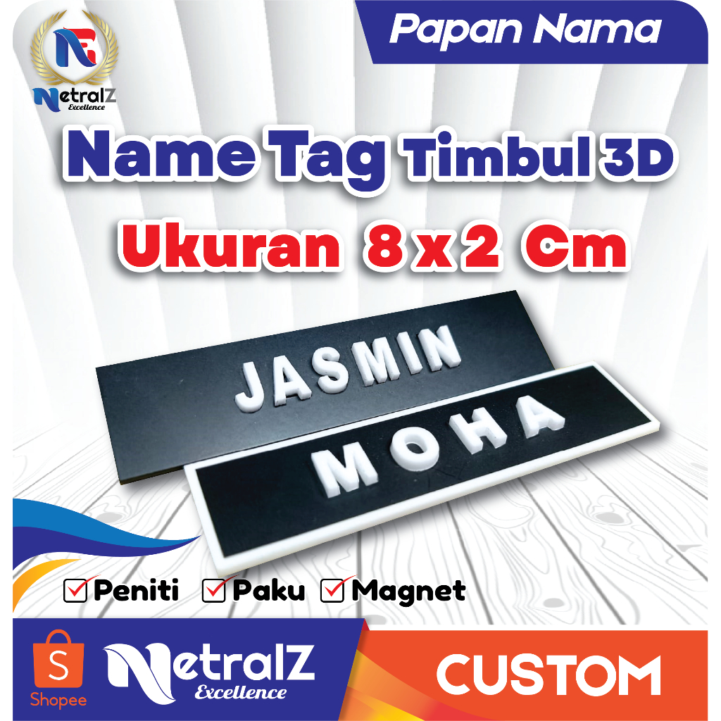 

Name Tag Timbul 3D 8x2 cm / Bahan Acrilik Magnet, Peniti, Paku / Nametag Custom