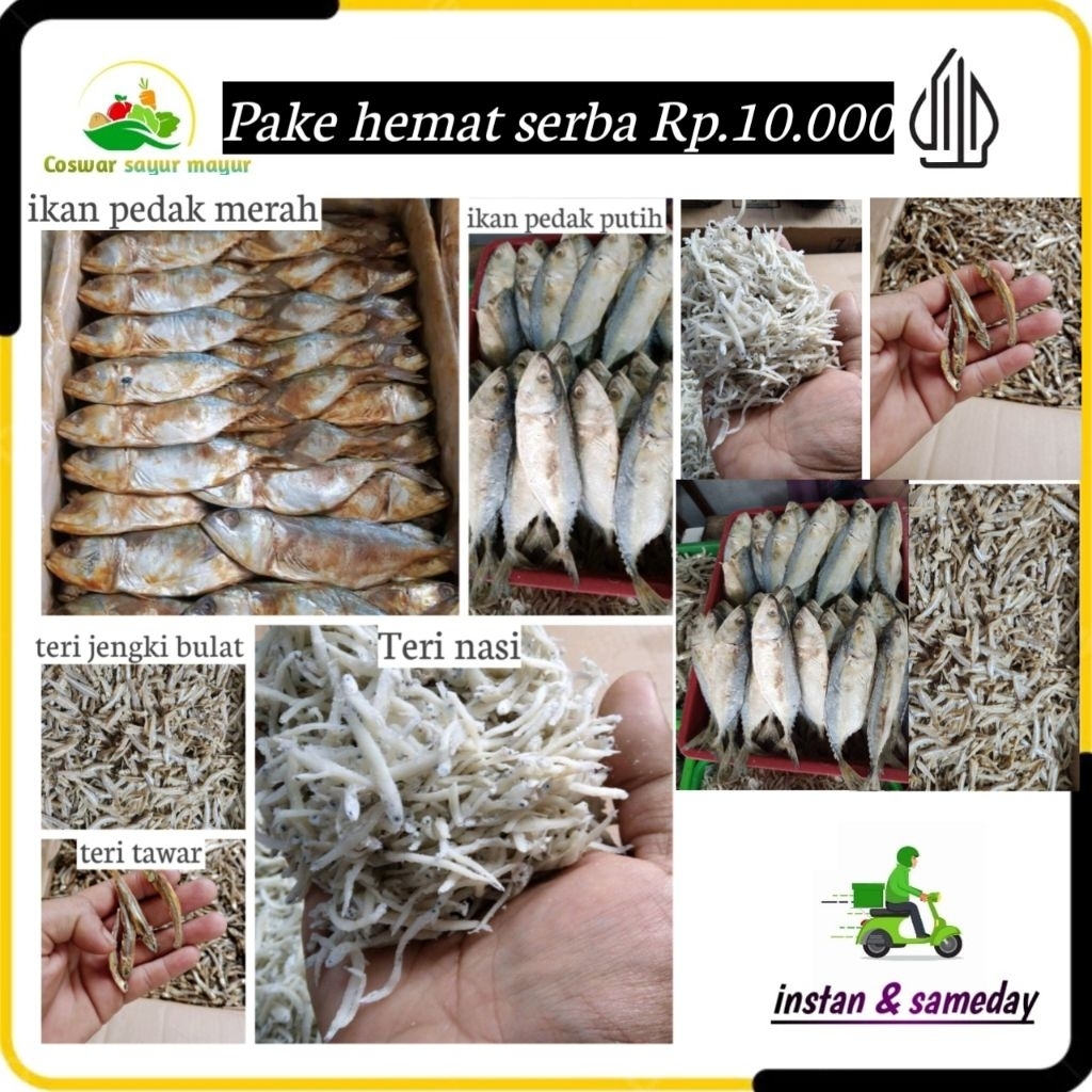 

Ikan asin paket hemat ekonomis serba 10rb ikan asin peda merah / peda putih / teri jengki bulat / teri nasi / teri tawar