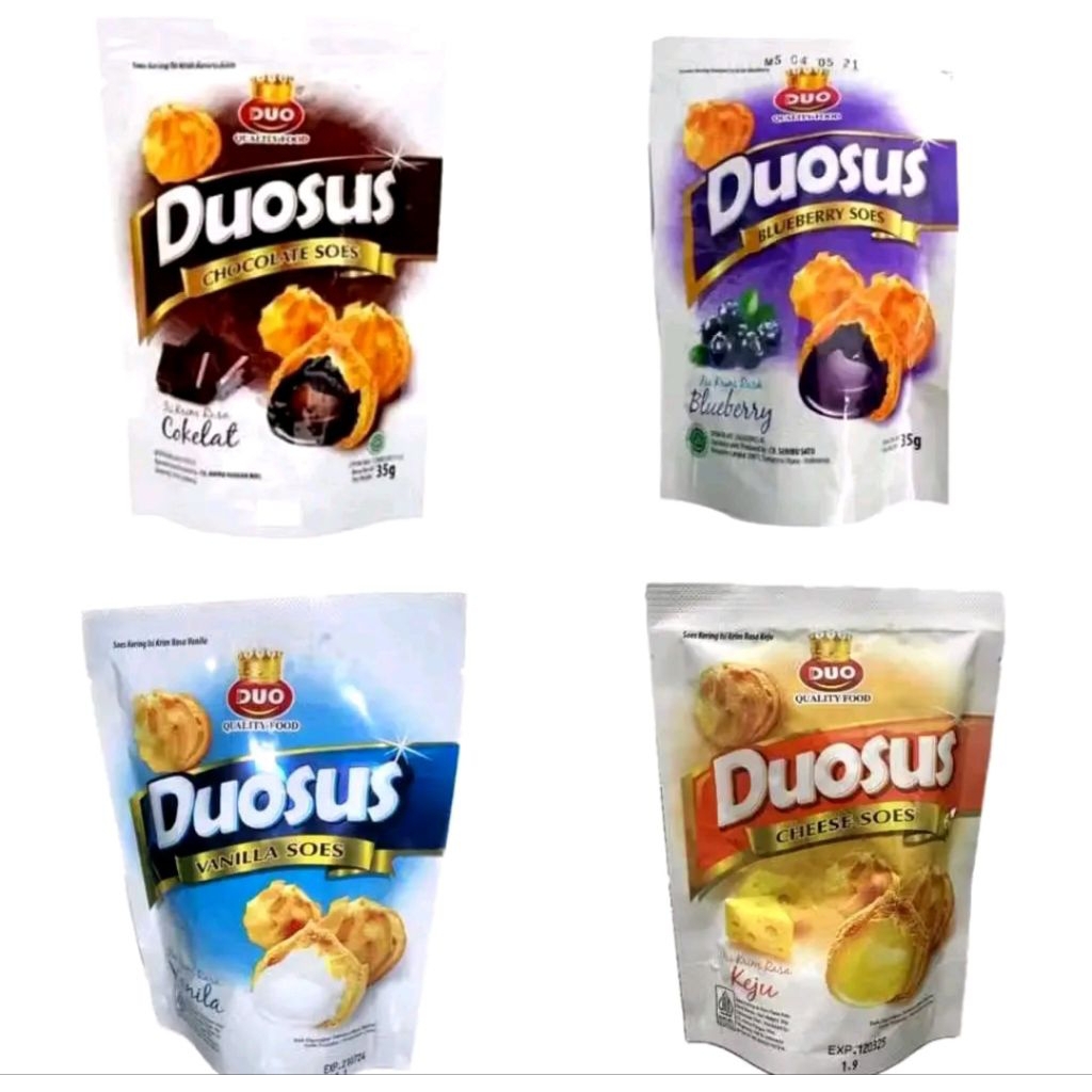 

Duosus Soes Kering 35gr × 10pcs– Camilan Renyah Isi Cokelat, Blueberry, Vanilla, Keju