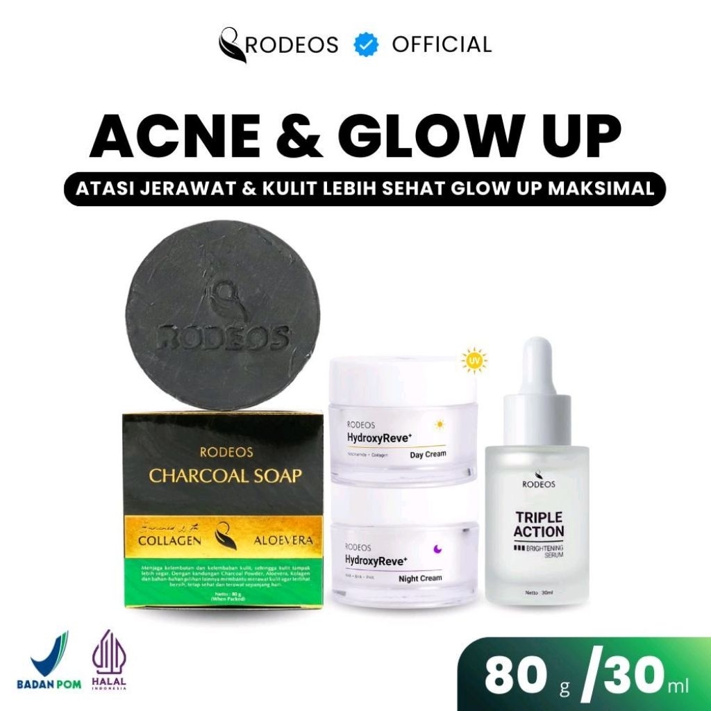 RODEOS 4IN1 GLOW UP SET BIGGER SIZE 80g/30ml - (Charcoal Soap + Serum Triple Action + Day Cream + Ni