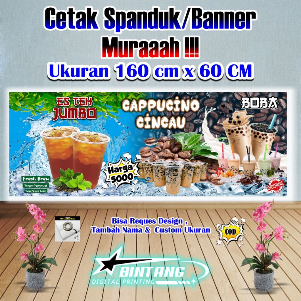 Spanduk Banner Es Teh Jumbo & Cappucino Cincau Ukuran 160 cm x 60 cm