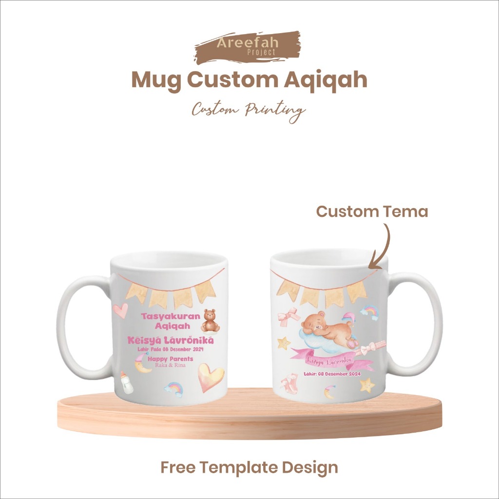 Areefah Mug Custom Aqiqah | Souvenir Aqiqah Murah | Free Template Desaun | Design Nama & Foto
