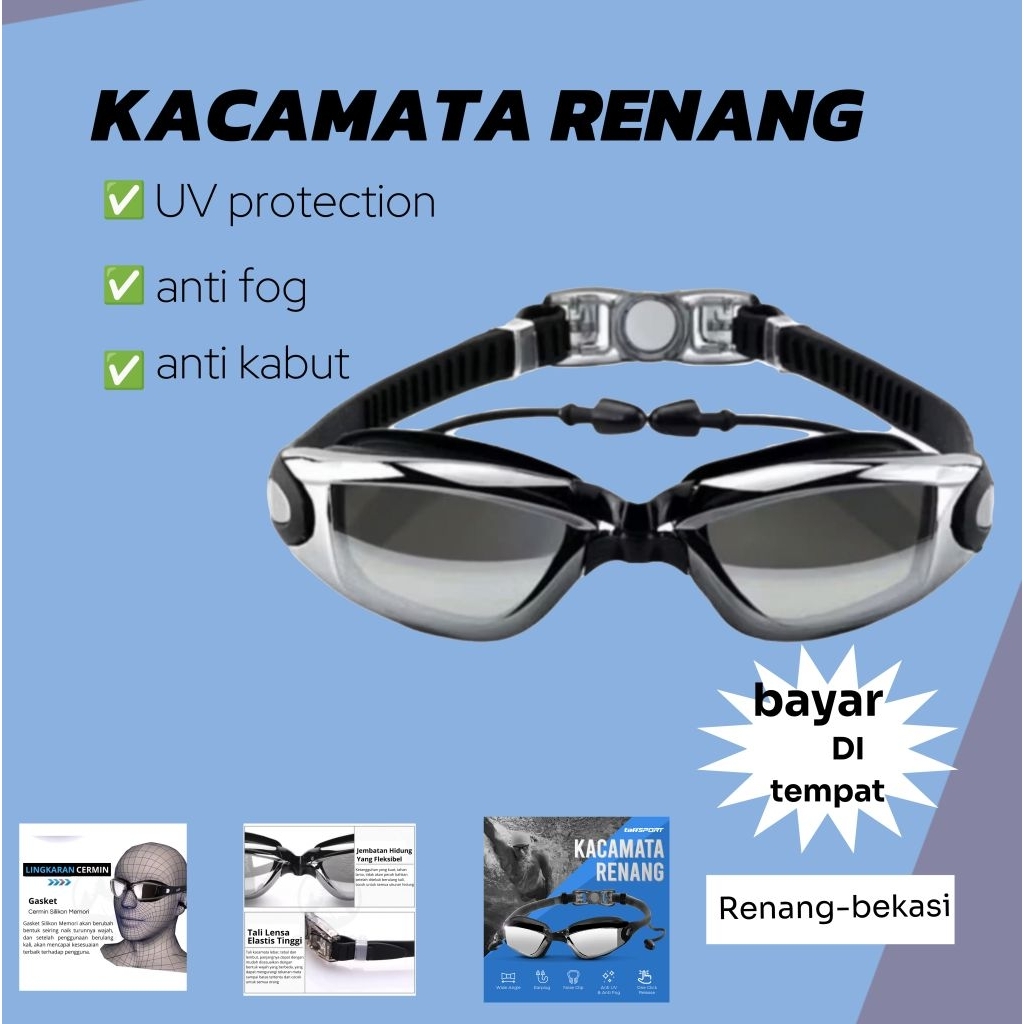 Kacamata renang unisex + ear plug free anti UV tali silicon elastis / HI-SPORT kaca mata renang