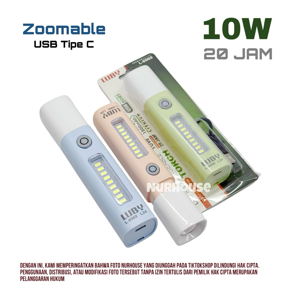 Senter Luby Zoom Senter Tangan Luby 10 Watt L- 8969 Tahan Lama 20 Jam Led Flashlight Charger Tipe C 