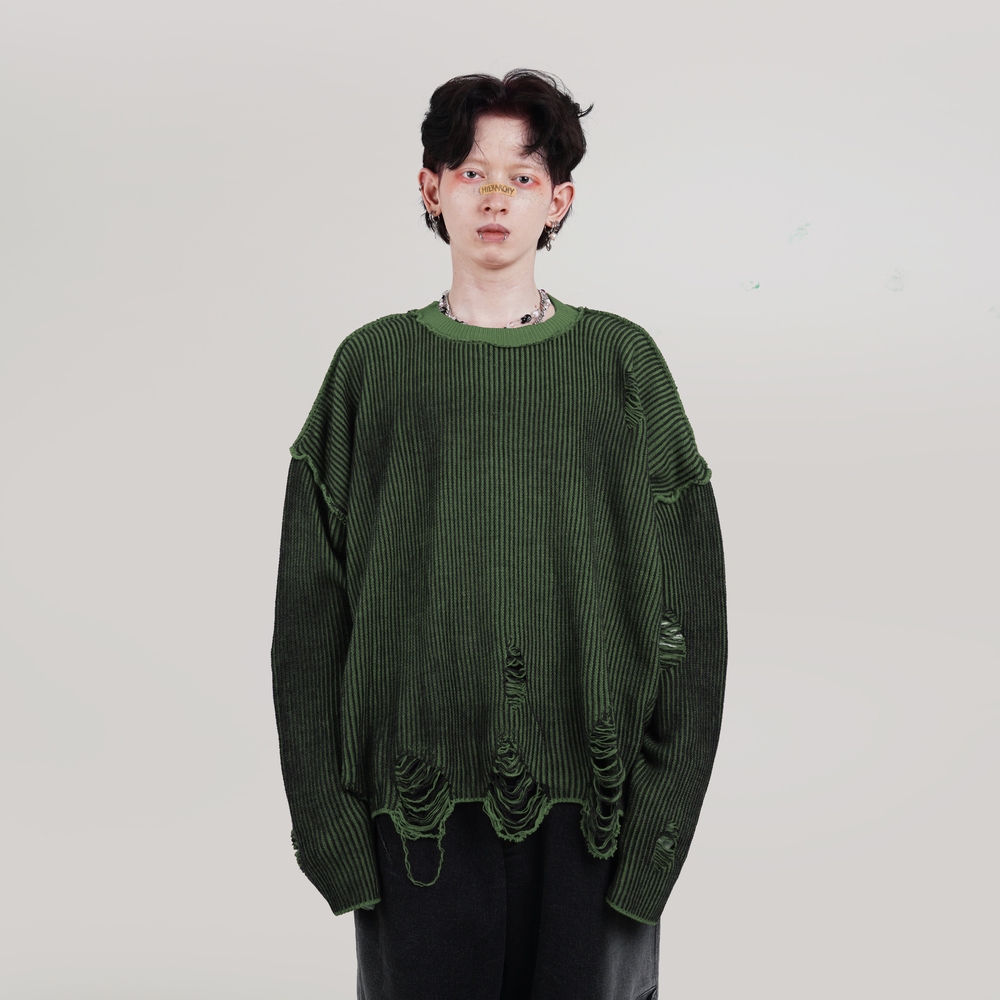 HIERARCHY STUDIOS Chroma - Distressed Green Flux Oversized Knit Sweater