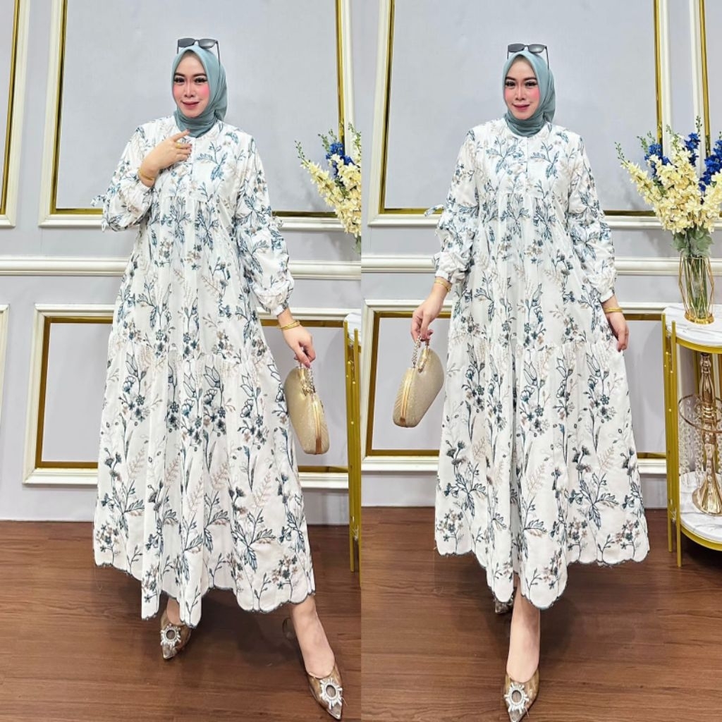 Midi  Dres  Motif Bunga Dres Lengan Balon Dres Dewasa ,Remaja