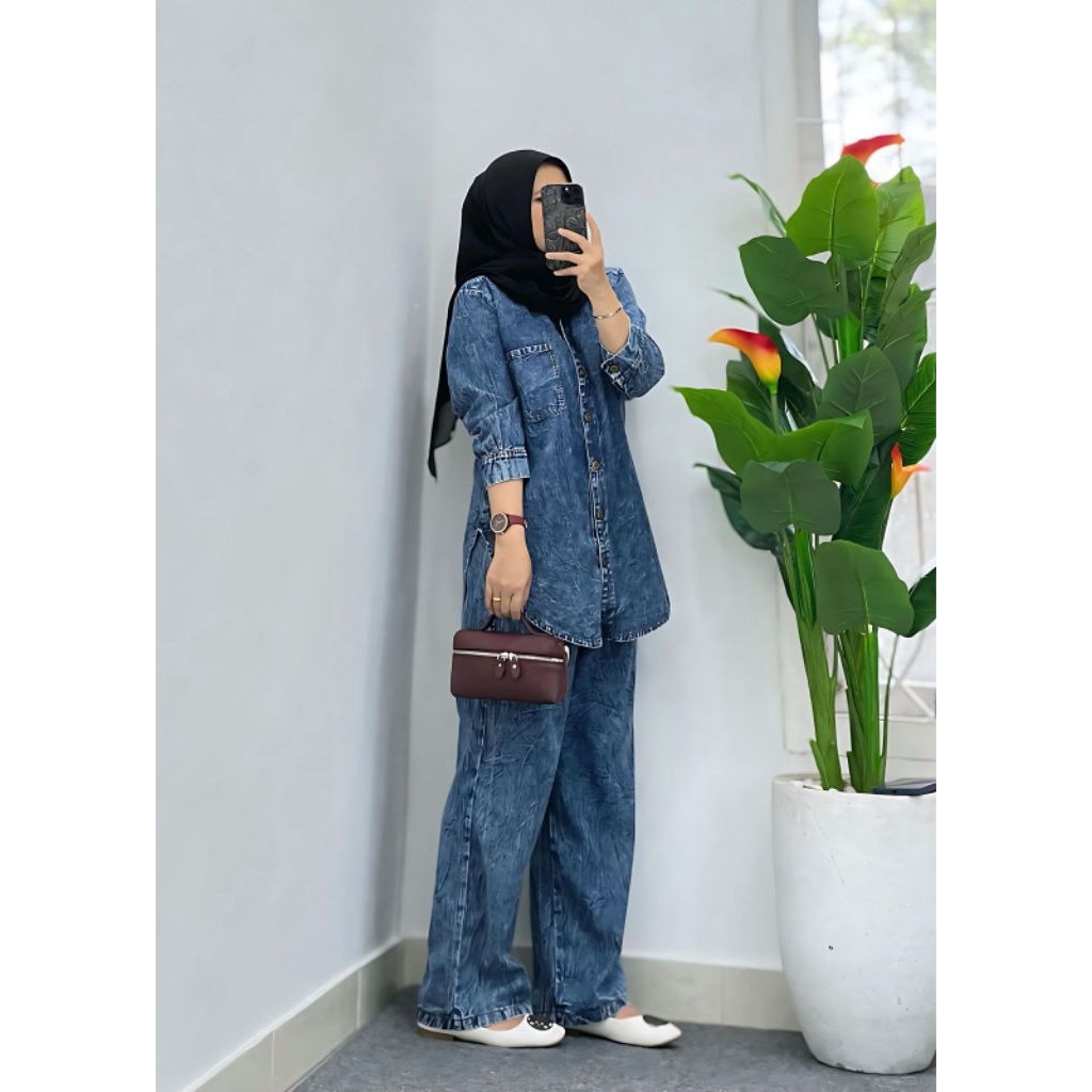 one set jeans wanita muslim