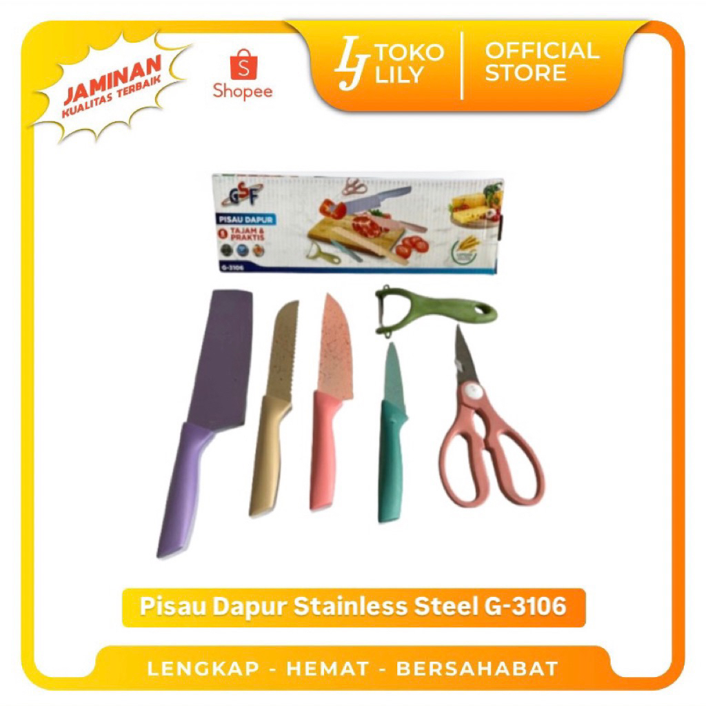 Pisau Dapur Jerami 6in1 Set Stainless Steel Anti Lengket GSF G-3106