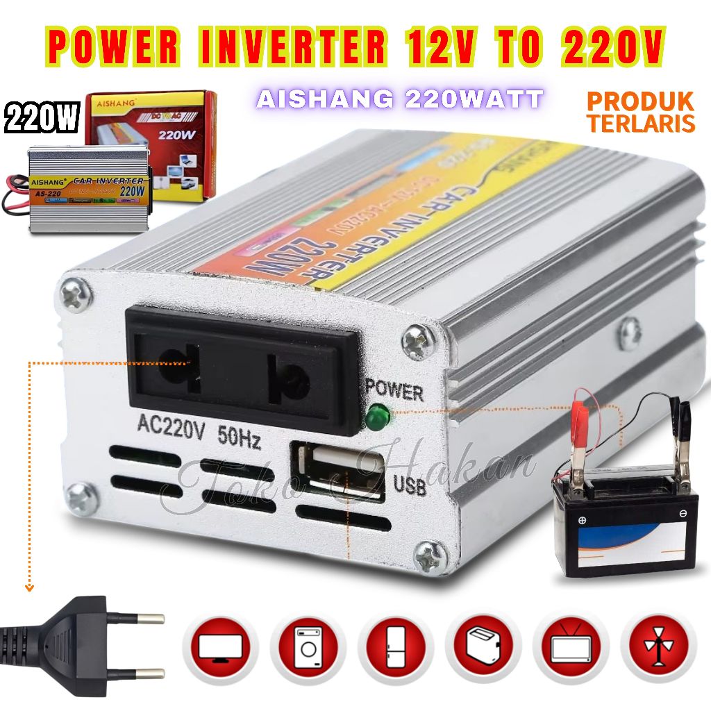 Power Inverter 220 Watt 12 Volt / Inverter 220W DC 12V to AC 220V AISHANG Untuk TV Mobil Kipas Kompu
