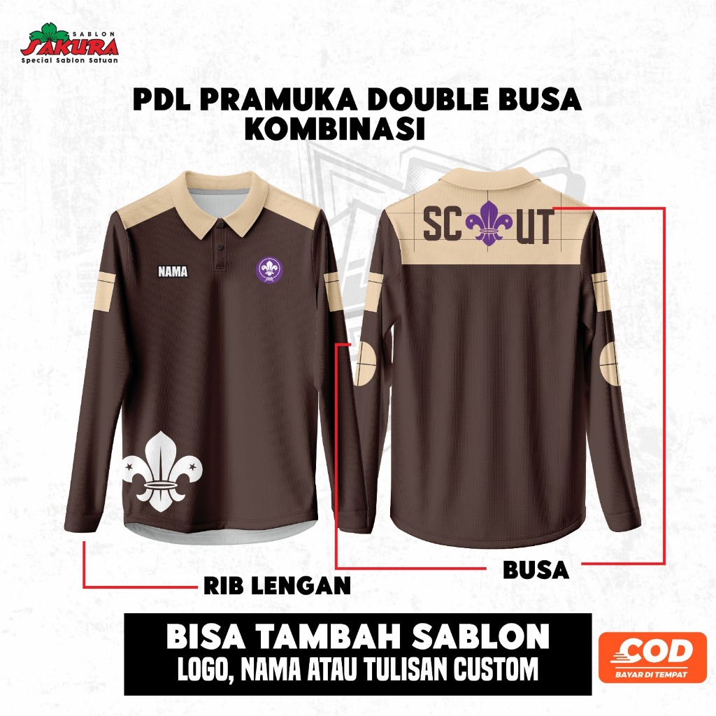 KAOS PRAMUKA KERAH LENGAN PANJANG PE DOBEL BUSA CUSTOM SABLON