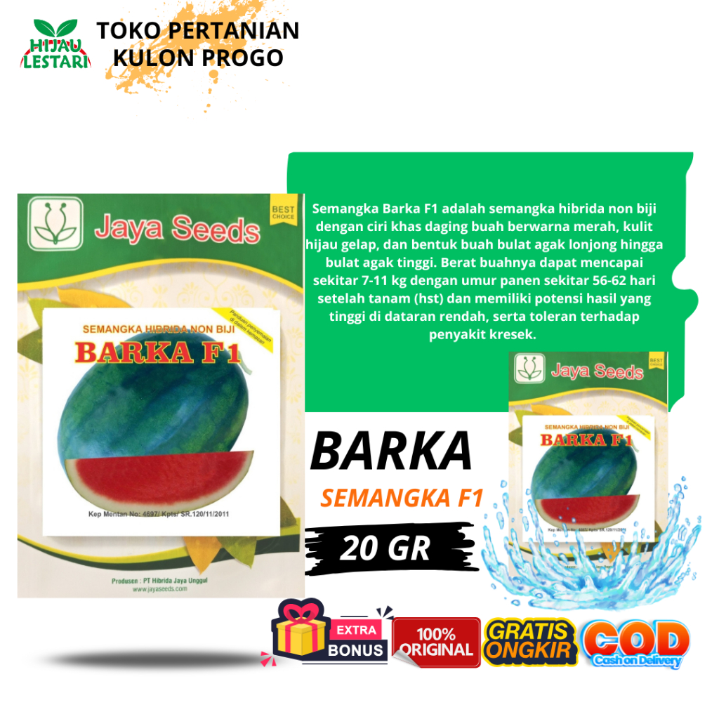 BARKA F1 300 biji - Benih Semangka Merah Hibrida Non Biji - ORIGINAL Jaya Seeds
