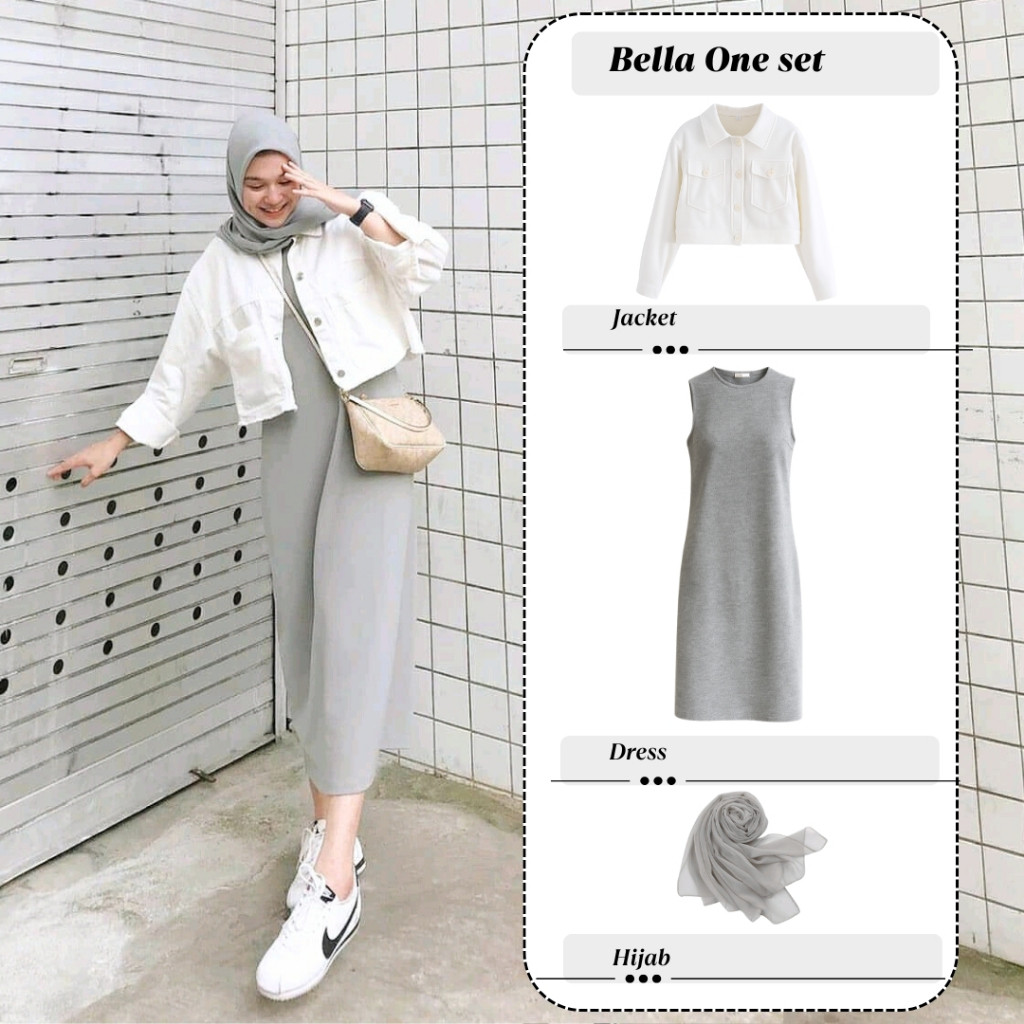 Setelan One Set Remaja Dress Midi dan Jaket Crop Korean Style dengan Hijab