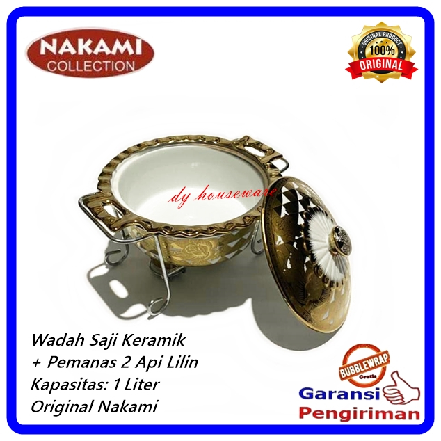 Wadah Saji Keramik Dengan  Mata Api Pemanas 9 Inchi Prasmanan Bulat Keramik 1 Liter Nakami