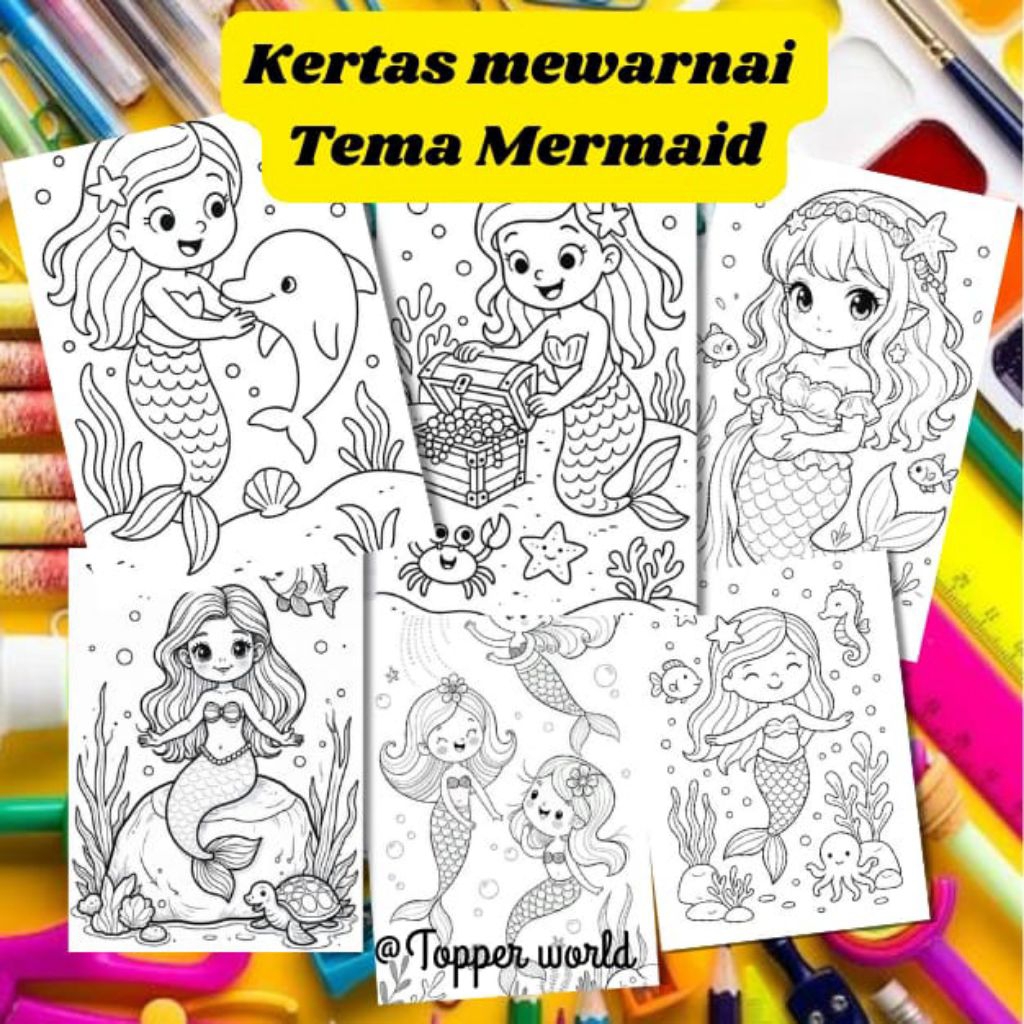 

20 LEMBAR KERTAS MEWARNAI ANAK TEMA DUYUNG MERMAID (READY LANGSUNG KIRIM)