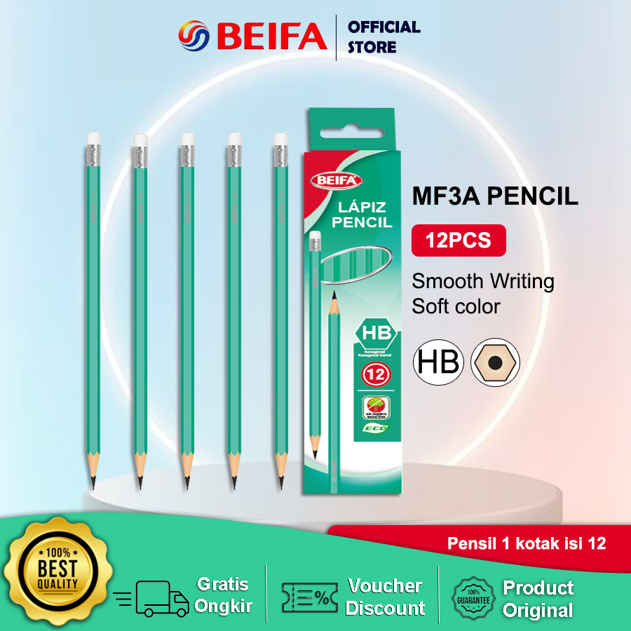 

Beifa Pencil HB MF3 Green - 1 Box Isi 12, Cocok untuk Belajar & Menulis MF3A